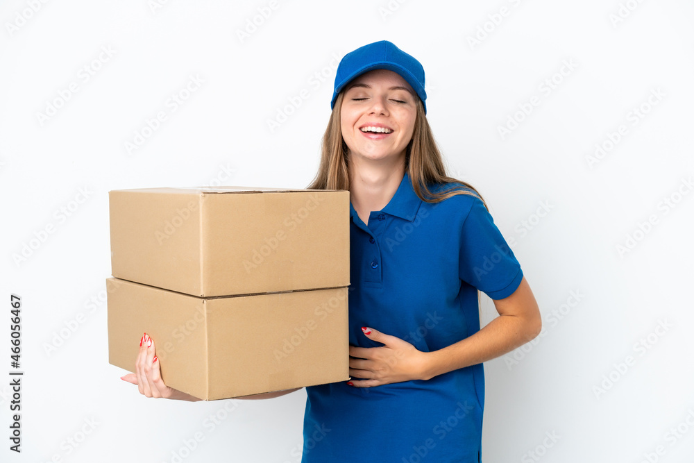 Delivery Lithuanian woman isolated on white background smiling a lot Delivery Lithuanian woman isolated on white background smiling a lot