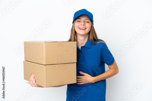 Delivery Lithuanian woman isolated on white background smiling a lot