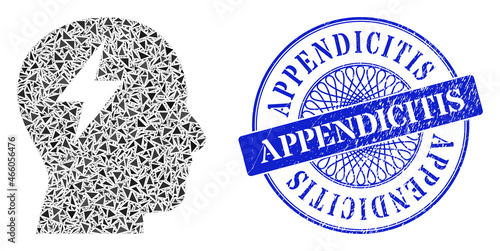 Brainstorming mosaic of triangle items, and Appendicitis grunge stamp. Blue seal has Appendicitis title inside round form. Vector brainstorming mosaic is organized of different triangle items.