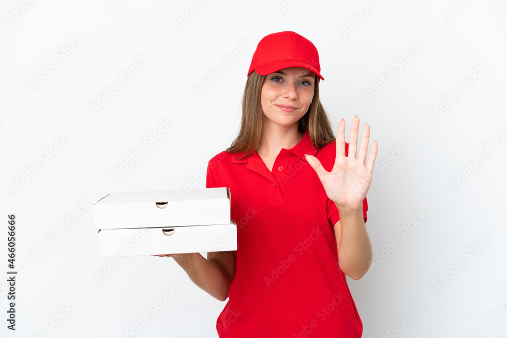 Pizza delivery Lithuanian woman isolated on white background counting five with fingers Pizza delivery Lithuanian woman isolated on white background counting five with fingers