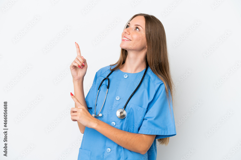 Young surgeon doctor Lithuanian woman isolated on white background pointing with the index finger a great idea Young surgeon doctor Lithuanian woman isolated on white background pointing with the index finger a great idea