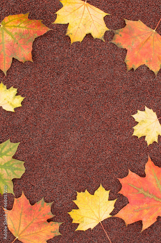autumn brown background with red and yellow maple leaves on the edges of the frame with space for text in vertical format autumn brown background with red and yellow maple leaves on the edges of the frame with space for text in vertical format