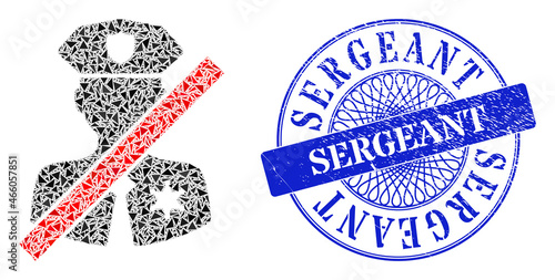 Stop police patrol mosaic of triangle particles, and Sergeant scratched seal print. Blue stamp seal has Sergeant caption inside round form.