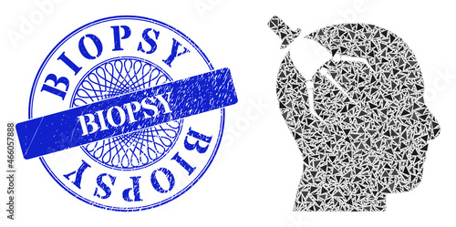 Brain intruder collage of triangle particles, and Biopsy scratched stamp seal. Blue stamp seal has Biopsy caption inside round shape.