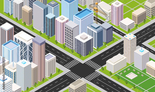 Isometric urban street buildings vector illustration