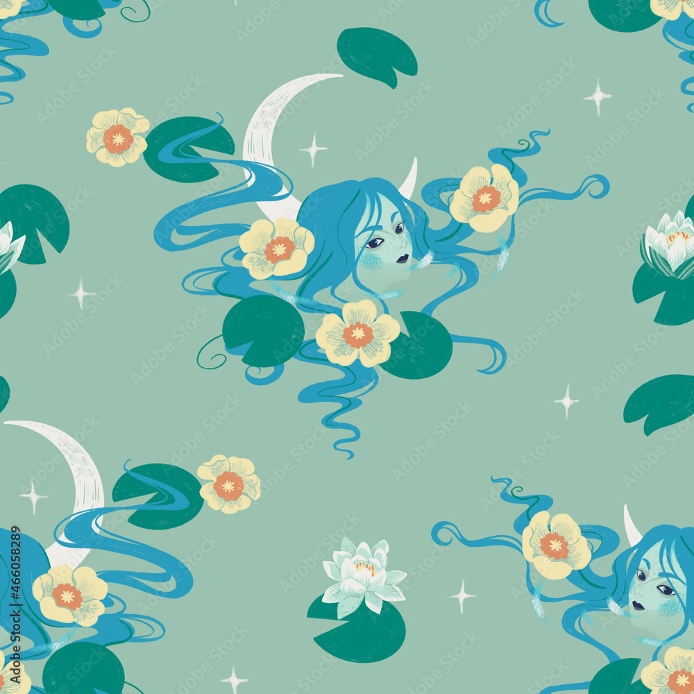Obraz premium Seamless pattern with lake plants and mermaid