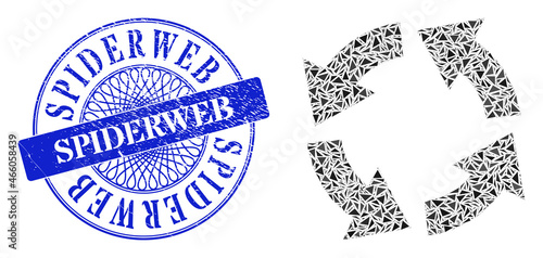 Circulation collage of triangle parts, and Spiderweb rubber stamp seal. Blue seal includes Spiderweb text inside round shape. Vector circulation mosaic is created of different triangle parts.