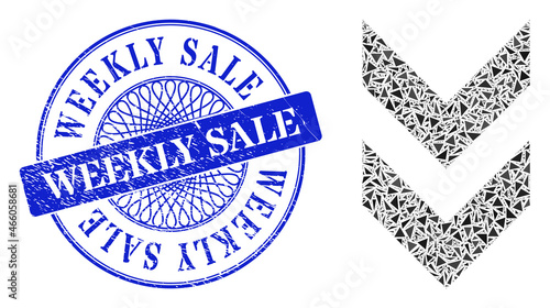 Shift down mosaic of triangle parts, and Weekly Sale dirty seal imitation. Blue seal has Weekly Sale tag inside round form. Vector shift down collage is done of scattered triangle parts.