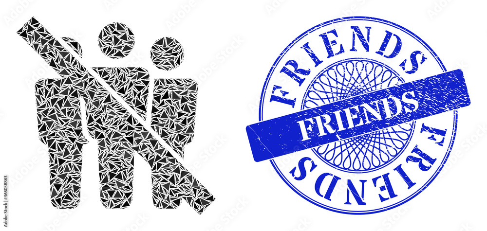 No people collage of triangle items, and Friends grunge stamp. Blue ...
