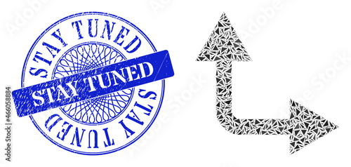 Bifurcation arrow right up mosaic of triangle items, and Stay Tuned rubber seal. Blue stamp seal has Stay Tuned title inside circle form.