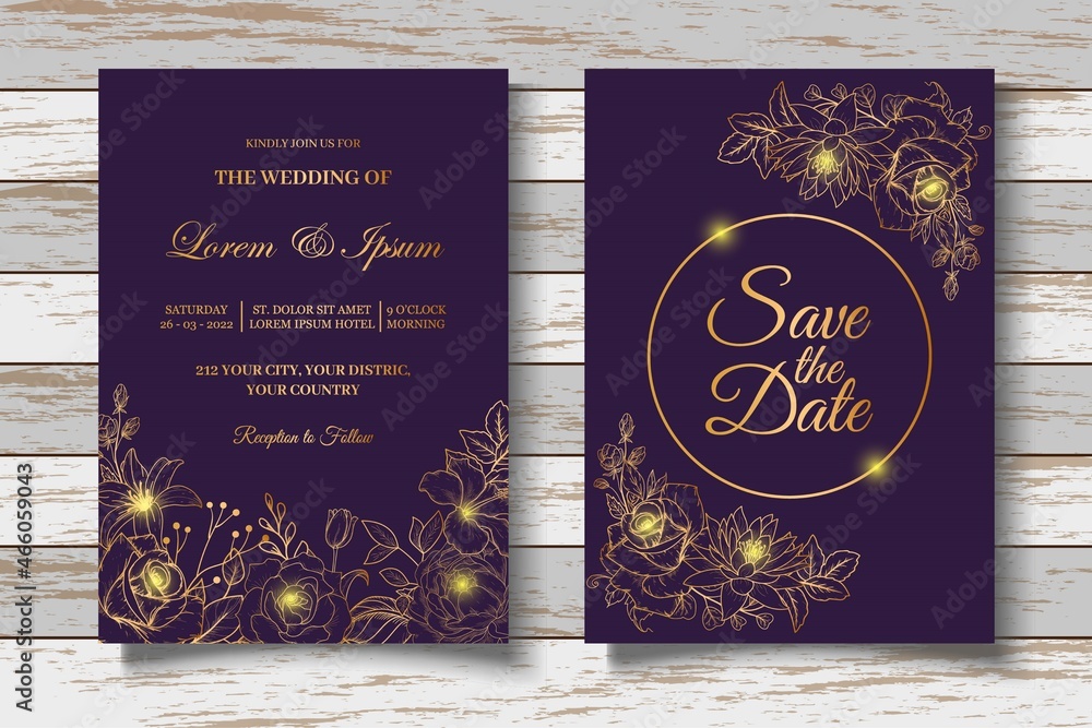 Hand Drawing Lineart Floral Wedding Invitation Card
