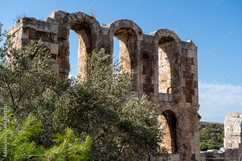 Odeon of Herodes Atticus an ancient theater in a summer day in Acropolis Greece, Athnes.