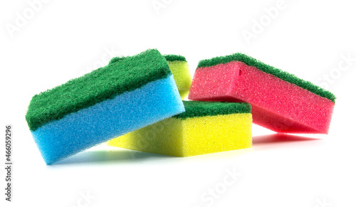 Four sponges of different colors, used to maintain hygiene in the kitchen, bathroom ...