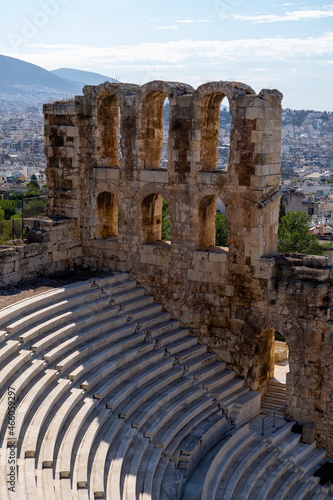 Odeon of Herodes Atticus an ancient theater in a summer day in Acropolis Greece, Athnes.