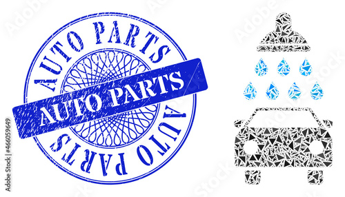Car shower collage of triangle, and Auto Parts rubber stamp seal. Blue stamp seal includes Auto Parts caption inside circle form. Vector car shower collage is composed of scattered triangle parts.