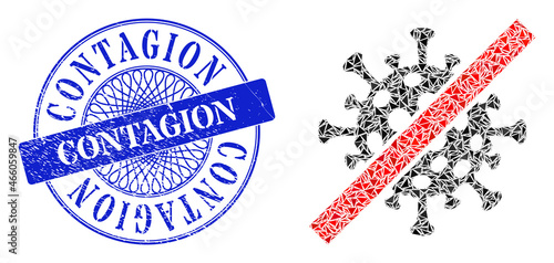 Cancel coronavirus collage of triangle parts, and Contagion textured seal print. Blue seal contains Contagion text inside circle shape.