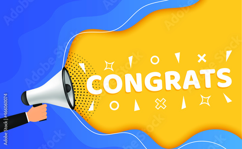 Vector Illustration Congrats With Megaphone. Modern Web Colourful Banner With Speech Bubble