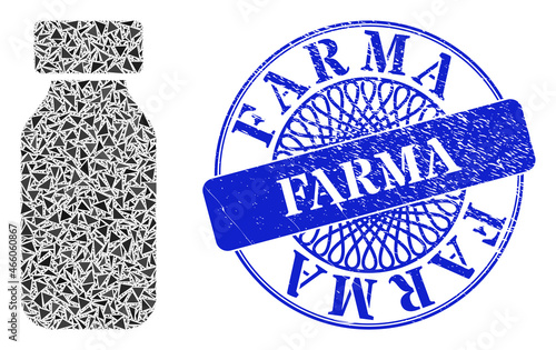 Vial mosaic of triangle particles, and Farma textured seal. Blue seal contains Farma text inside circle form. Vector vial mosaic is made of random triangle parts.