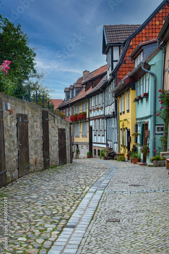 Fototapeta Naklejka Na Ścianę i Meble -  Quedlinburg, Germany - October 2021: Ancient street in center of Quedlinburg old town