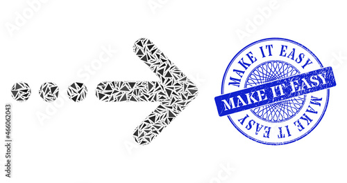 Send right collage of triangle particles, and Make It Easy rubber stamp seal. Blue stamp seal has Make It Easy tag inside circle form.