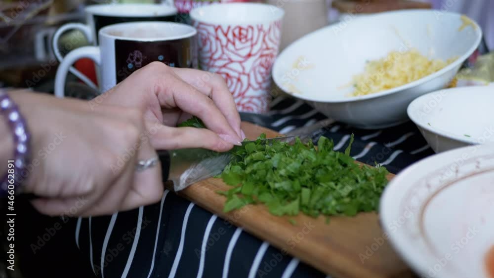 Female Hands Cutting a Knife Greens, Parsley on a Wooden Board in the Outdoor. Cooking food. Lots of dirty dishes, plates, cups. Concept of food, camping, hiking, outdoor survival in the forest. 4K. Female Hands Cutting a Knife Greens, Parsley on a Wooden Board in the Outdoor. Cooking food. Lots of dirty dishes, plates, cups. Concept of food, camping, hiking, outdoor survival in the forest. 4K.