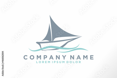 Simple Sailboat dhow ship lie style Logo Design with wave element vector