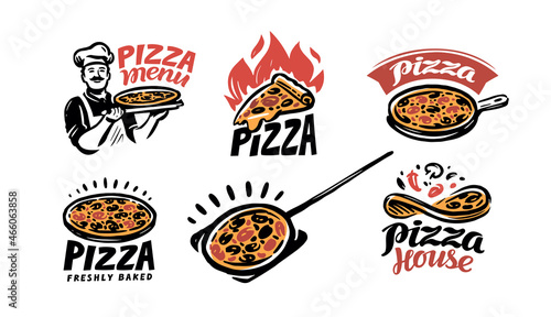Pizza logo set. Emblems or restaurant menu, pizzeria, cafe. Vector illustration