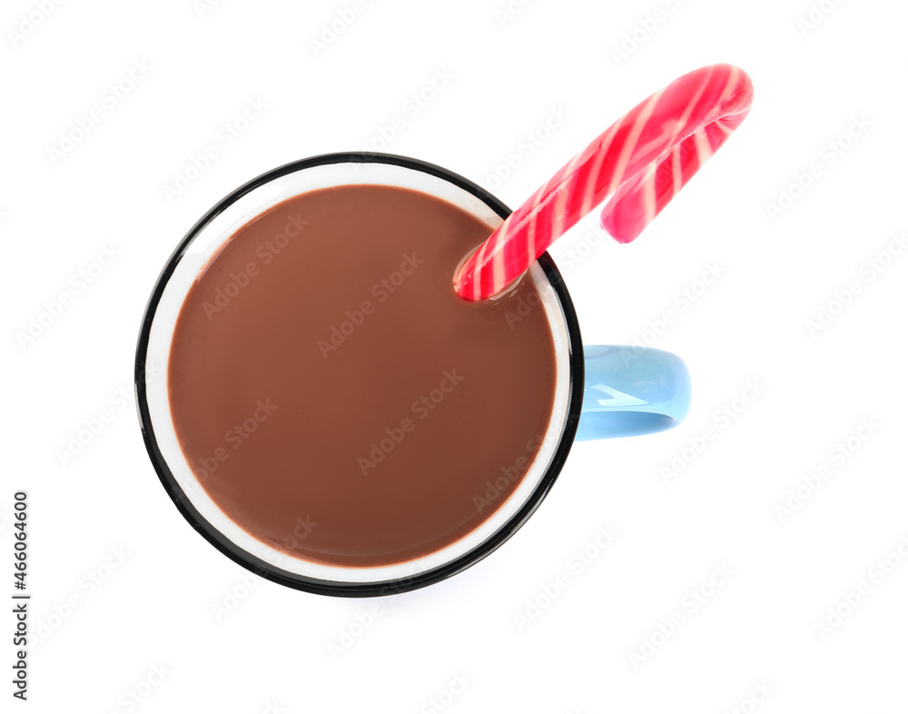 Cup of delicious hot chocolate with candy cane isolated on white, top view Cup of delicious hot chocolate with candy cane isolated on white, top view