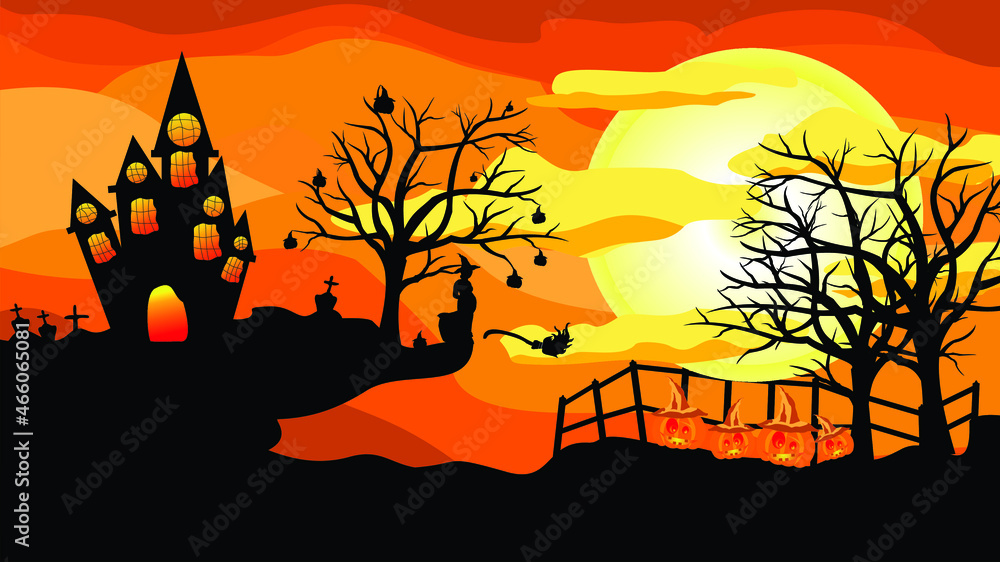 halloween background with tree and pumpkins, silhouette with halloween and witch day theme, halloween celebration background with witch and pumpkin