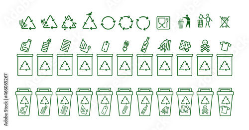 Set of recycle icons and trash containers. Recycling symbols. collection, segregation and recycling, garbage separated into different types and collected into waste containers.