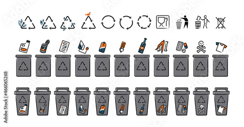 Set of recycle icons and trash containers. Recycling symbols. collection, segregation and recycling, garbage separated into different types and collected into waste containers.