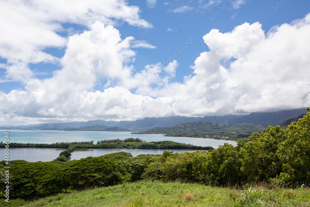 Aerial view of the ocean with blue cloudy sky and green foreground Aerial view of the ocean with blue cloudy sky and green foreground