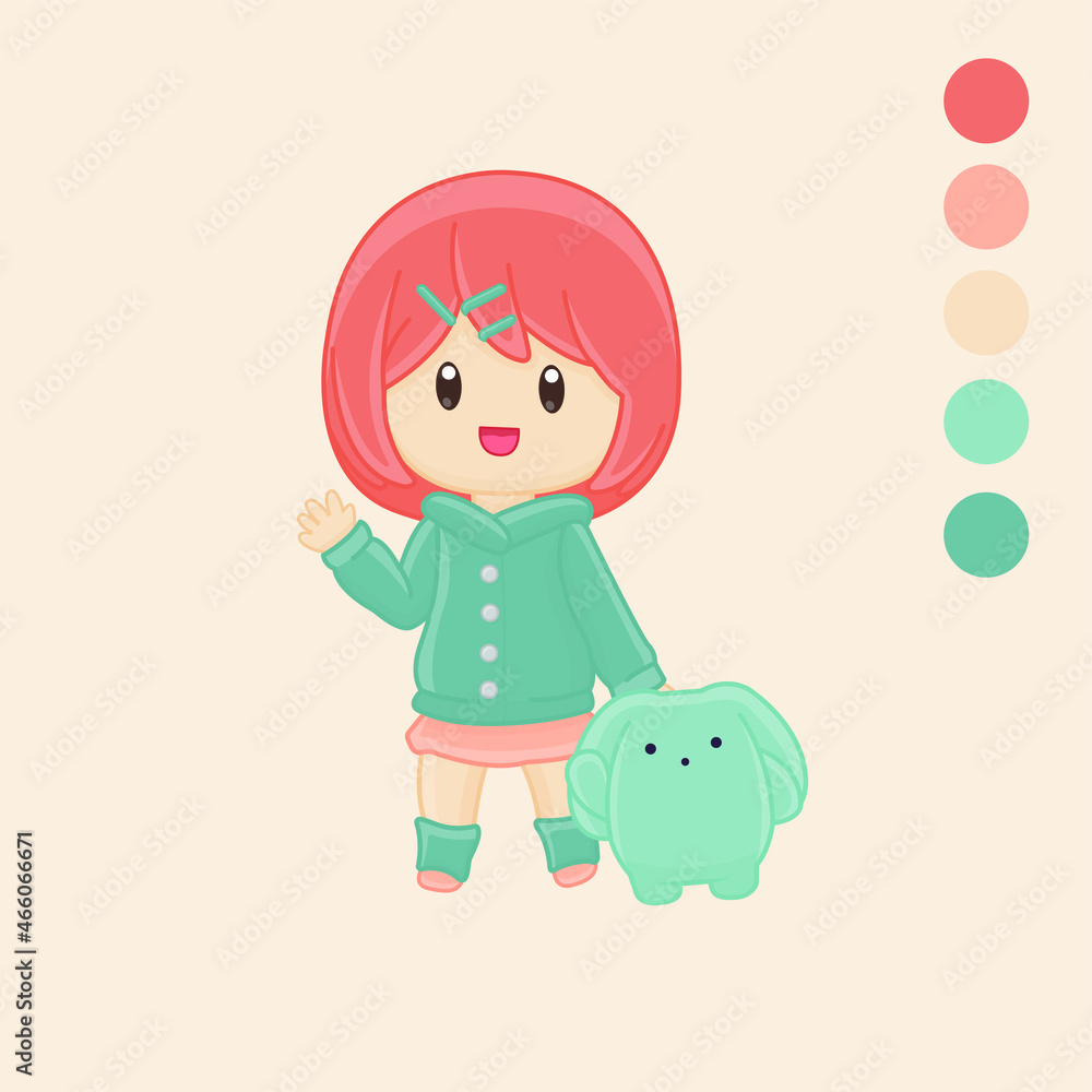 Cartoon illustration of a little cute girl with a toy rabbit in delicate colors Cartoon illustration of a little cute girl with a toy rabbit in delicate colors