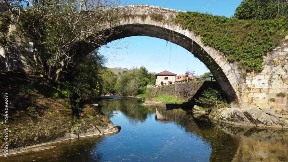 Aerial view of a scenic medieval bridge in Lierganes, Cantabria, Spain. High quality 4k footage Aerial view of a scenic medieval bridge in Lierganes, Cantabria, Spain. High quality 4k footage