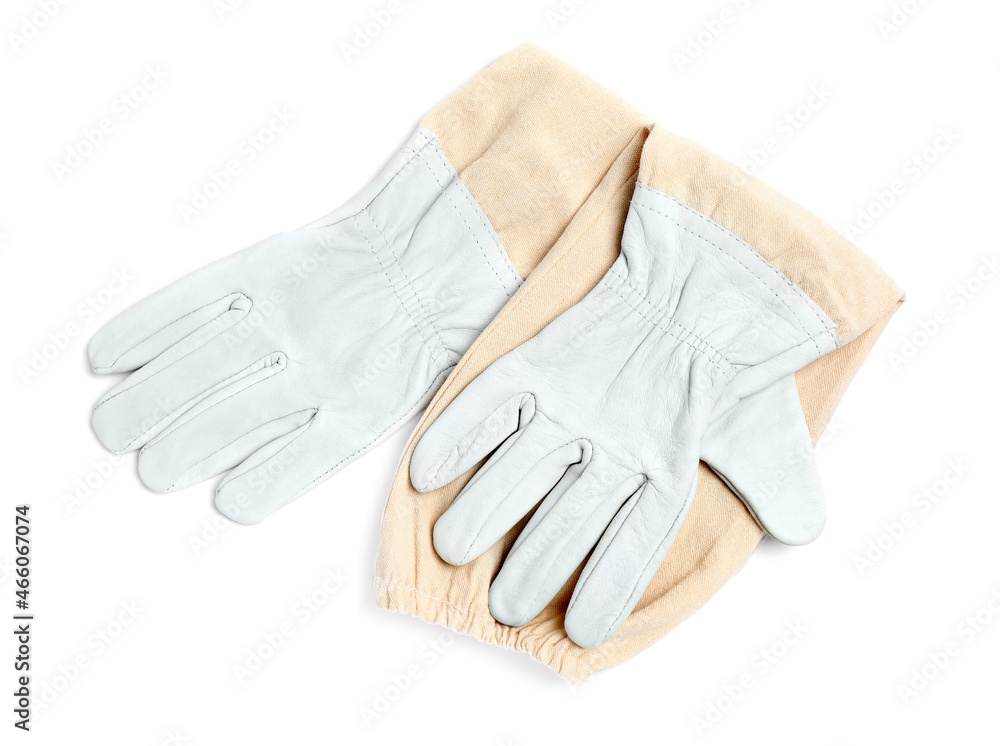 Protective gloves on white background, top view. Safety equipment Protective gloves on white background, top view. Safety equipment
