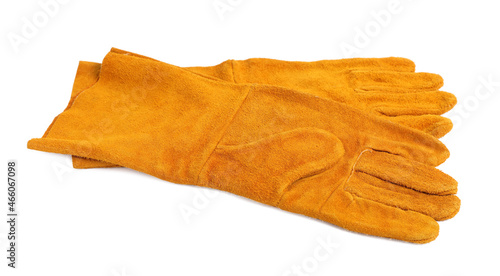 Orange protective gloves on white background. Safety equipment