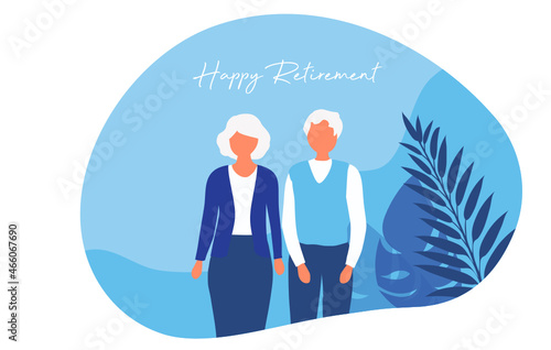 Happy retirement concept, elderly grandfather and grandmother couple are happy with life after retirement vector illustration 