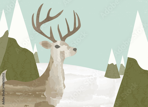 Textured deer and trees in a cut paper style
