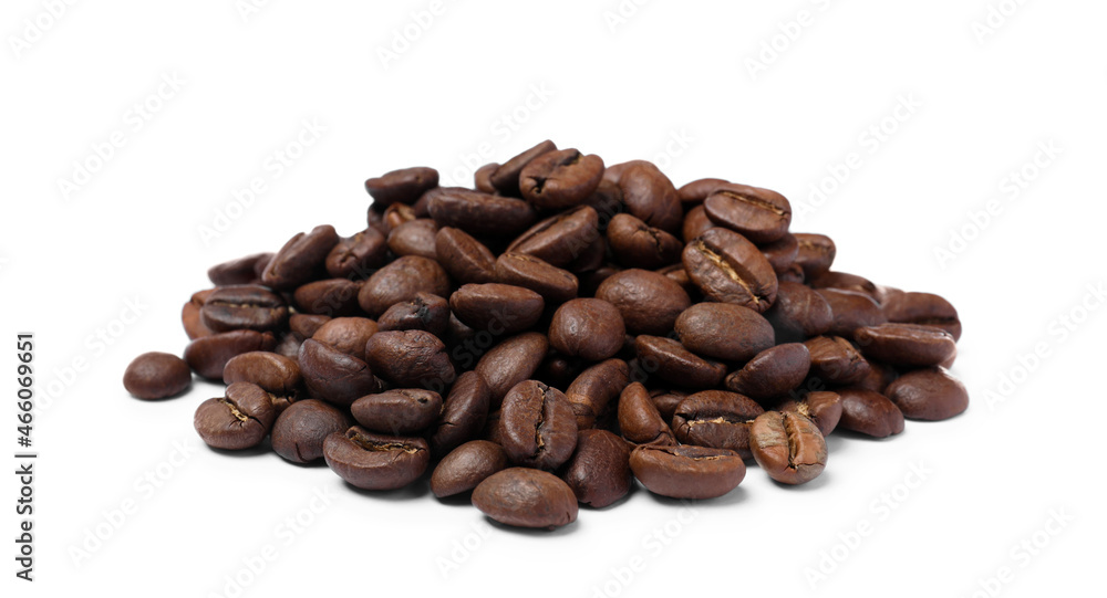 Pile of roasted coffee beans on white background Pile of roasted coffee beans on white background