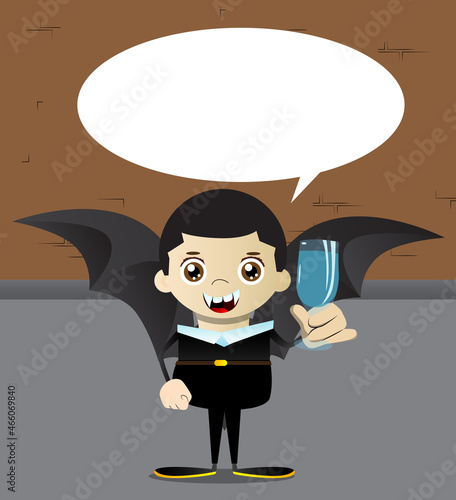 Kid dressed for Halloween with a glass of water. Vector cartoon character illustration of kids ready to Trick or Treat.