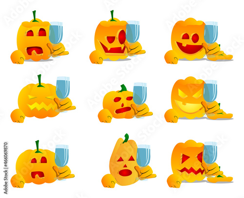 Decorative pumpkin for Halloween with a glass of water as a cartoon character with face. Vector Illustration.