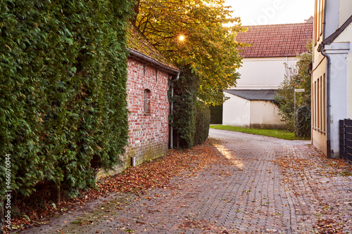 The afternoon sun shines through autumn leaves on an idyllic village street that runs between historic houses in Ovelgönne (district Wesermarsch, Germany) - translation: "Puttjengang" is a street name