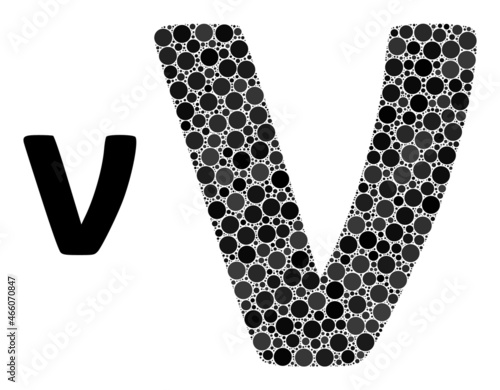 Nu Greek lowercase symbol vector collage of circle dots in various sizes and color tints. Circle dots are composed into Nu Greek lowercase symbol vector collage. Abstract vector design concept.