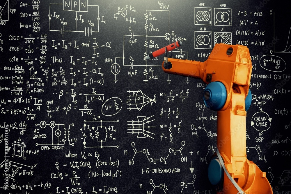 Robot arm AI analyzing mathematics for mechanized industry problem solving  . Concept of robotics technology and machine learning for automated  manufacturing process . foto de Stock | Adobe Stock