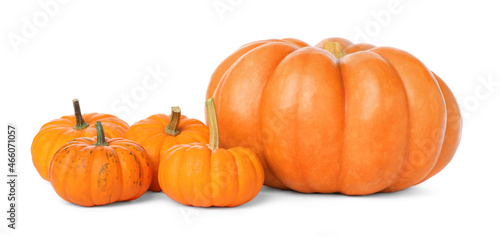 Fresh ripe orange pumpkins on white background