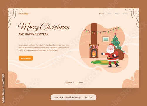 Flat Illustration, Landing Page Template with santa claus, christmas tree and gifts