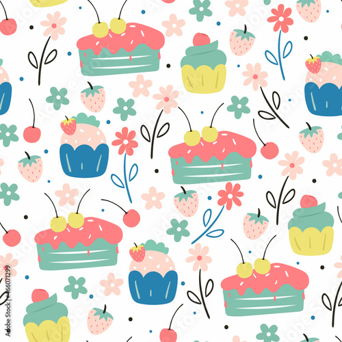Seamless pattern with cute cartoon dessert and flower for fabric print, textile, gift wrapping paper. colorful vector for textile, flat style