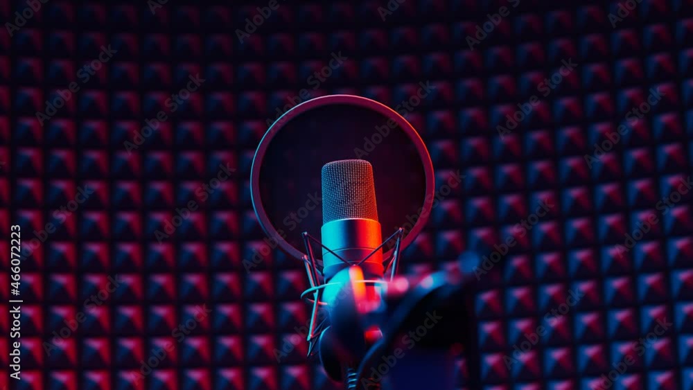 Recording studio condenser microphone with pop filter and anti-vibration mount.