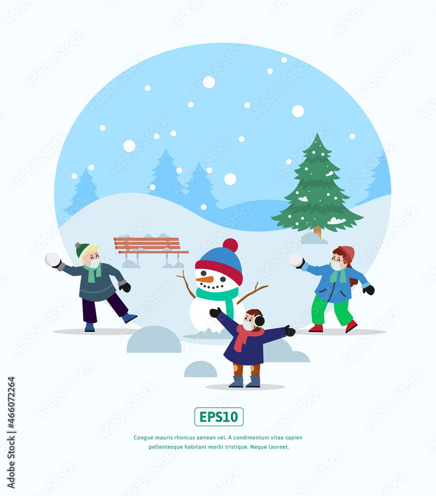 Flat Illustration Christmas Playing Snowball Flat Illustration Christmas Playing Snowball