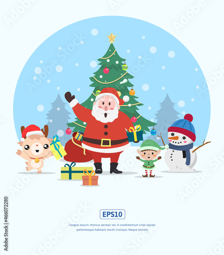 Flat Illustration Christmas Santa Claus, elf deer, and snowman